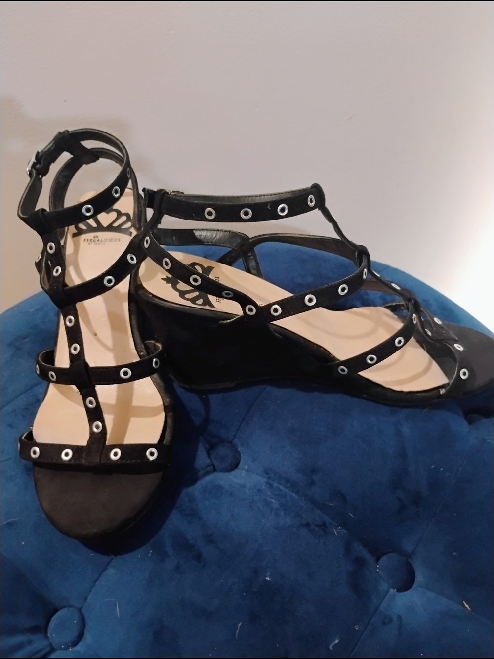 Fergalicious Black Strappy Eyelet Wedge Sandals